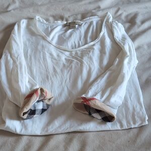 Burberry White Long Sleeve Tee with Check Cuffs